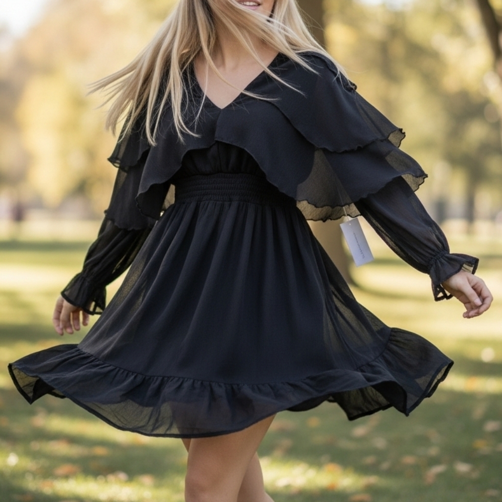 NWT Live 4 Truth Black Ruffle Dress Women's Size S Full Feminine Fun